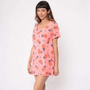 Vintage 90s Red Ginger Cotton Pink Pineapple Dress Drop Waist W/ Pockets Casual